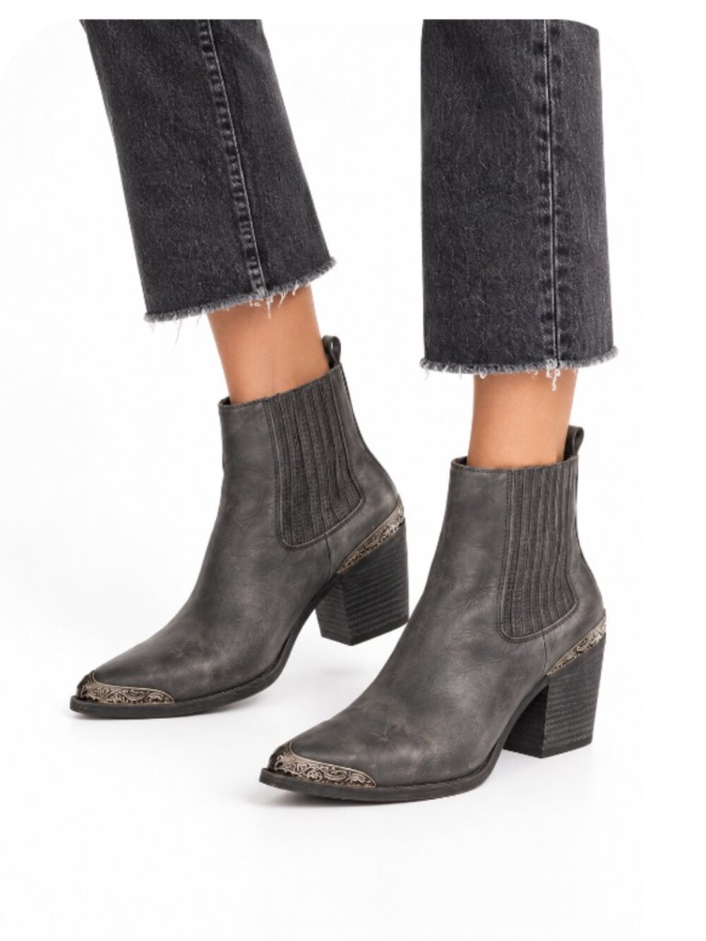 Jeffrey Campbell, Leather 3” Heel boot Charcoal Gray Silver Western accents 6.5